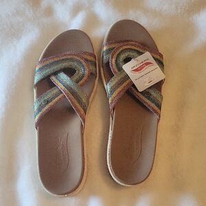 Skechers Women’s Metallic Multicolor Crisscross Slide Sandals